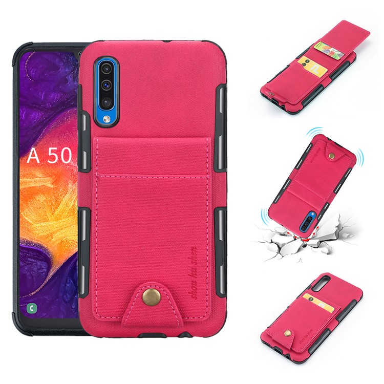 Vertical Flip PU Leather Coated Card Holder PC TPU Hybrid Phone Cover for Samsung Galaxy A50/A50s/A30s - Rose-1