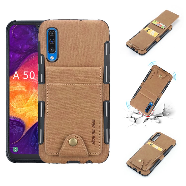 Vertical Flip PU Leather Coated Card Holder PC TPU Hybrid Phone Cover for Samsung Galaxy A50/A50s/A30s - Light Brown-1