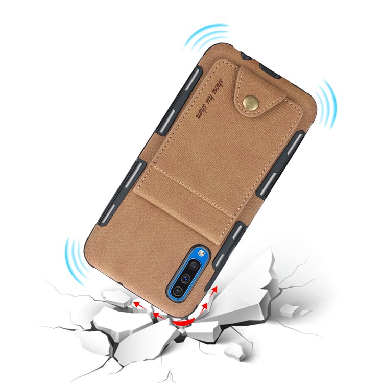 Vertical Flip PU Leather Coated Card Holder PC TPU Hybrid Phone Cover for Samsung Galaxy A50/A50s/A30s - Light Brown-3