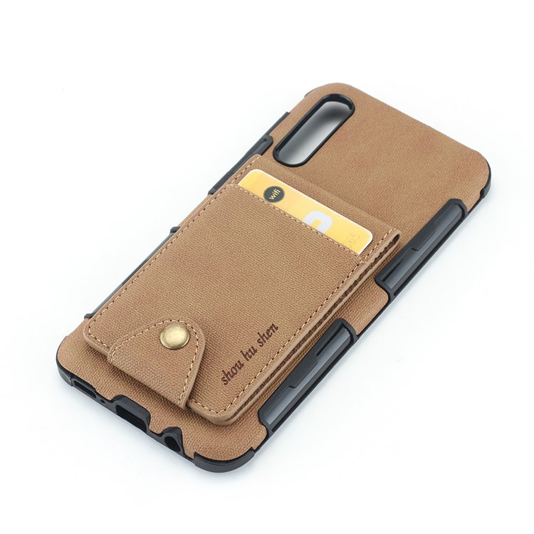 Vertical Flip PU Leather Coated Card Holder PC TPU Hybrid Phone Cover for Samsung Galaxy A50/A50s/A30s - Light Brown-4