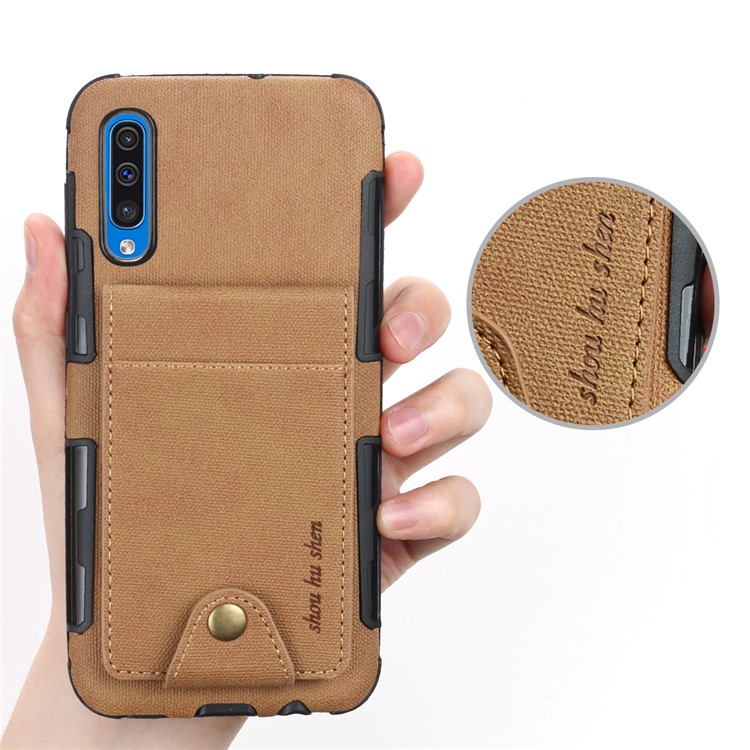 Vertical Flip PU Leather Coated Card Holder PC TPU Hybrid Phone Cover for Samsung Galaxy A50/A50s/A30s - Light Brown-6