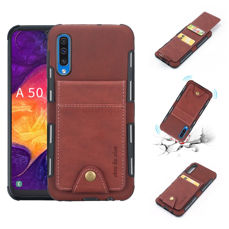 Vertical Flip PU Leather Coated Card Holder PC TPU Hybrid Phone Cover for Samsung Galaxy A50/A50s/A30s - Dark Brown-1