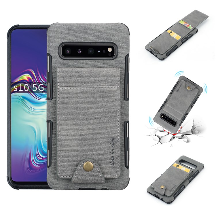Vertical Flip PU Leather Coated Card Holder PC TPU Hybrid Phone Cover for Samsung Galaxy S10 5G - Grey-1