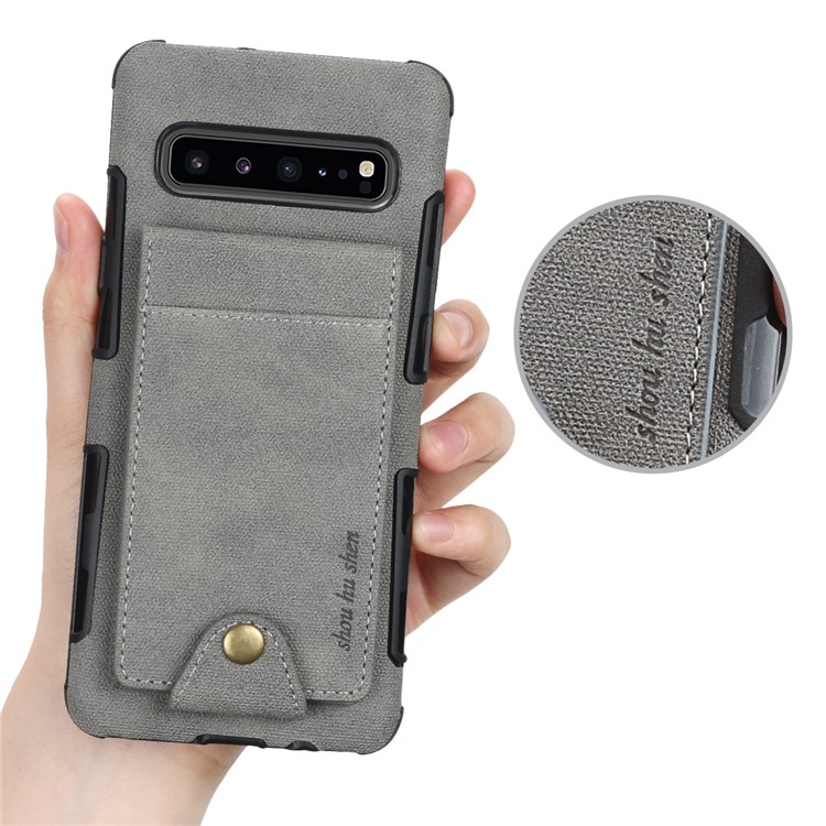 Vertical Flip PU Leather Coated Card Holder PC TPU Hybrid Phone Cover for Samsung Galaxy S10 5G - Grey-6