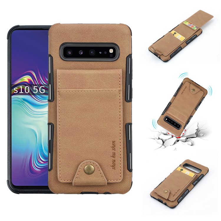 Vertical Flip PU Leather Coated Card Holder PC TPU Hybrid Phone Cover for Samsung Galaxy S10 5G - Light Brown-1