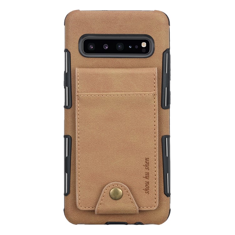 Vertical Flip PU Leather Coated Card Holder PC TPU Hybrid Phone Cover for Samsung Galaxy S10 5G - Light Brown-2