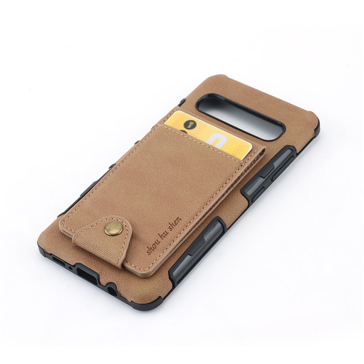 Vertical Flip PU Leather Coated Card Holder PC TPU Hybrid Phone Cover for Samsung Galaxy S10 5G - Light Brown-4