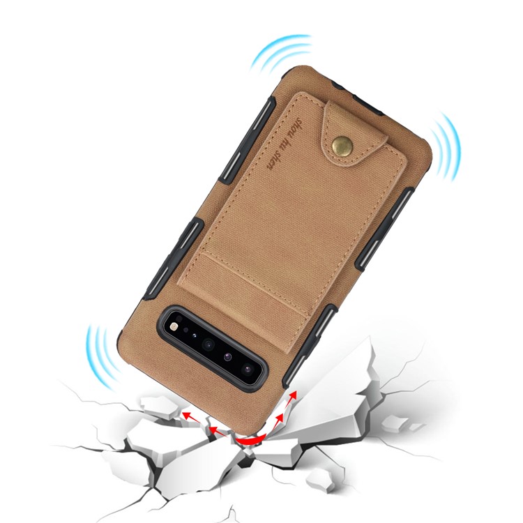 Vertical Flip PU Leather Coated Card Holder PC TPU Hybrid Phone Cover for Samsung Galaxy S10 5G - Light Brown-5