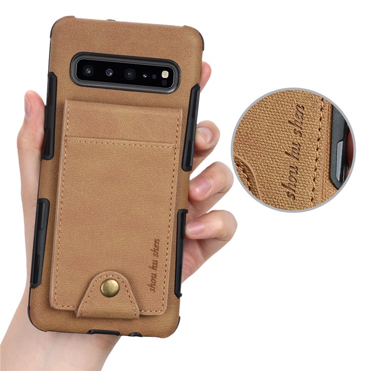 Vertical Flip PU Leather Coated Card Holder PC TPU Hybrid Phone Cover for Samsung Galaxy S10 5G - Light Brown-6