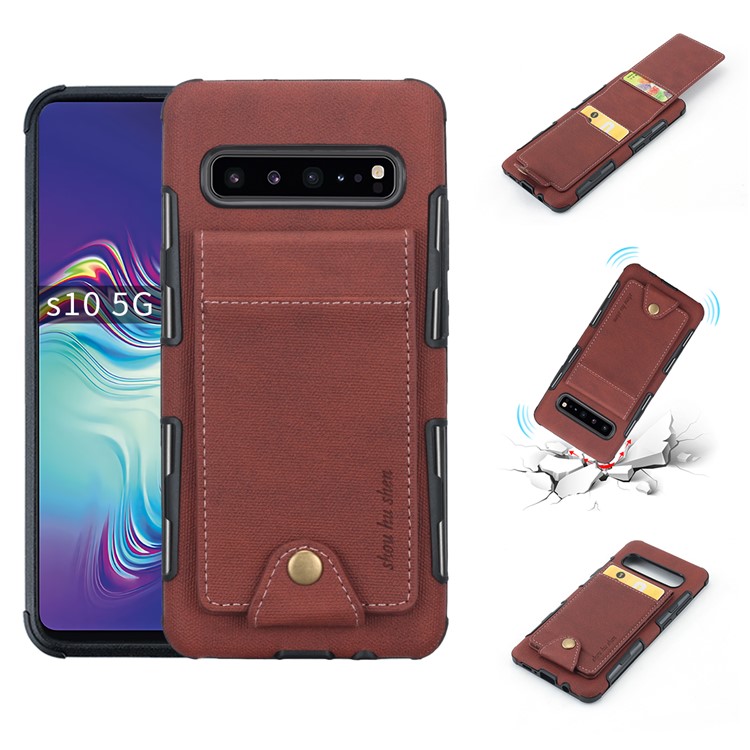 Vertical Flip PU Leather Coated Card Holder PC TPU Hybrid Phone Cover for Samsung Galaxy S10 5G - Dark Brown-1