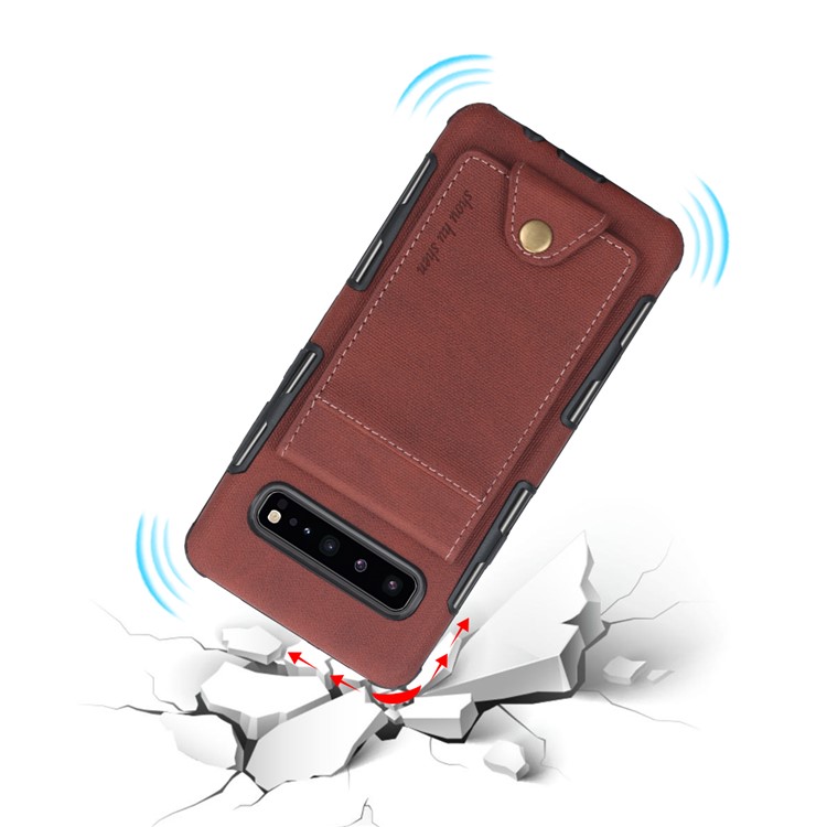 Vertical Flip PU Leather Coated Card Holder PC TPU Hybrid Phone Cover for Samsung Galaxy S10 5G - Dark Brown-5
