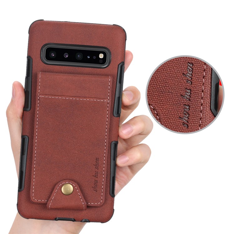 Vertical Flip PU Leather Coated Card Holder PC TPU Hybrid Phone Cover for Samsung Galaxy S10 5G - Dark Brown-6