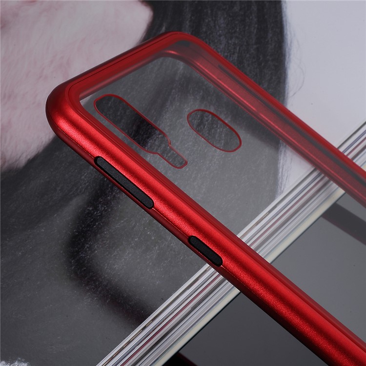 All-wrapped Magnetic Metal Frame + Tempered Glass Back Phone Case for Samsung Galaxy A40 - Red-7