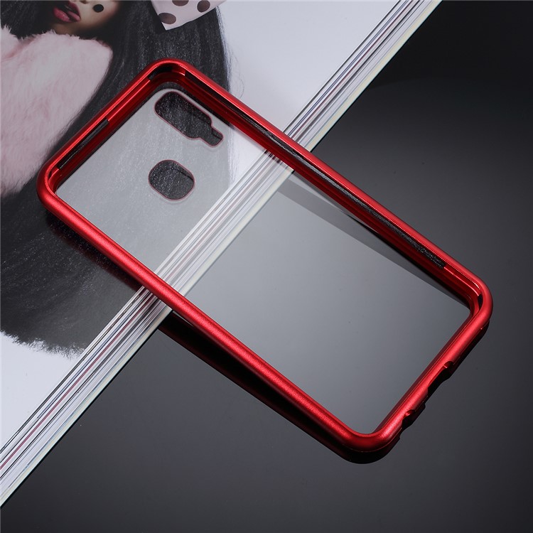 All-wrapped Magnetic Metal Frame + Tempered Glass Back Phone Case for Samsung Galaxy A40 - Red-8