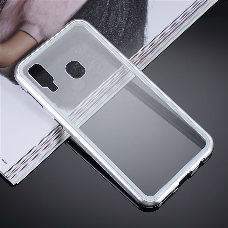 All-wrapped Magnetic Metal Frame + Tempered Glass Back Phone Case for Samsung Galaxy A40 - Silver-2