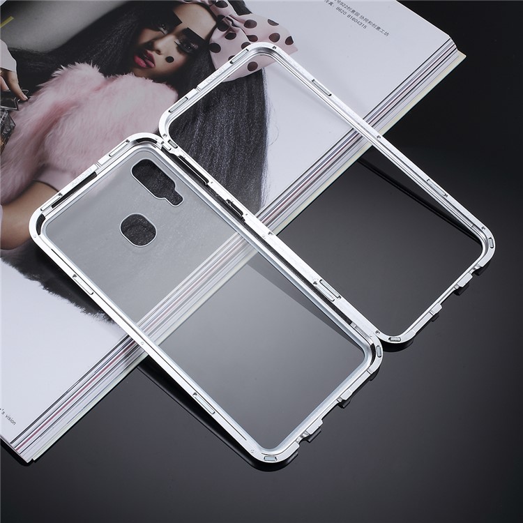 All-wrapped Magnetic Metal Frame + Tempered Glass Back Phone Case for Samsung Galaxy A40 - Silver-7