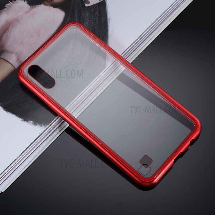 Magnetic Attraction Metal Frame + Tempered Glass Cover Shell Cell Phone Case for Samsung Galaxy A10 - Red-8