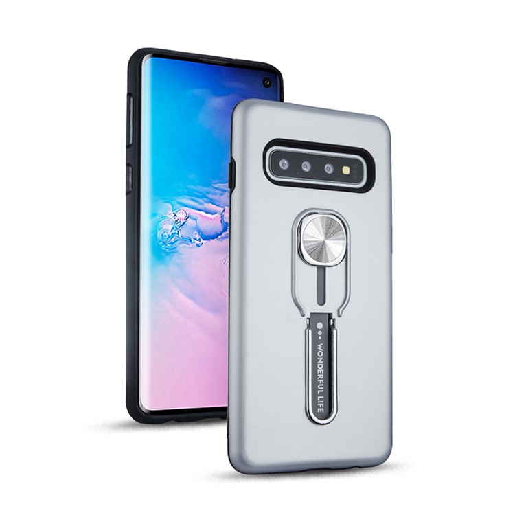 TPU + PC Hybrid Case Magnetic Holder Metal Sheet Finger Grip Kickstand Phone Case for Samsung Galaxy S10 - Silver-1