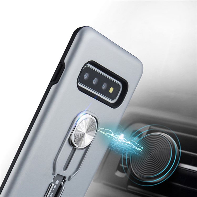 TPU + PC Hybrid Case Magnetic Holder Metal Sheet Finger Grip Kickstand Phone Case for Samsung Galaxy S10 - Silver-2