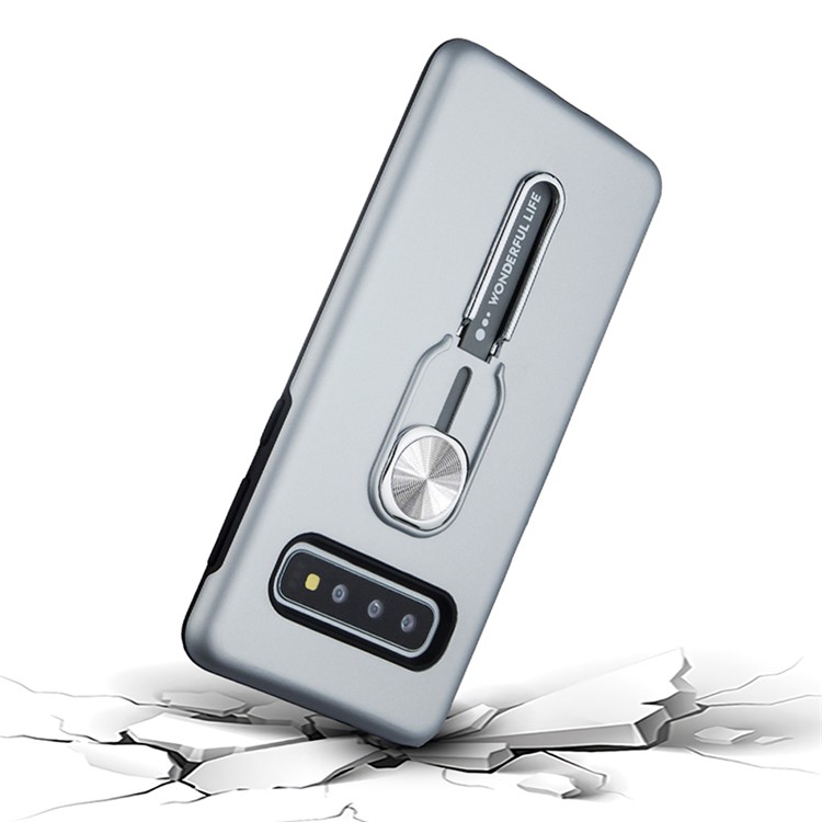 TPU + PC Hybrid Case Magnetic Holder Metal Sheet Finger Grip Kickstand Phone Case for Samsung Galaxy S10 - Silver-5