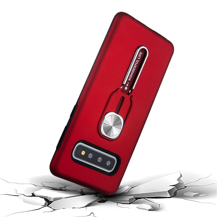 TPU + PC Hybrid Magnetic Metal Sheet Finger Grip Kickstand Phone Cover Case for Samsung Galaxy S10 Plus - Red-1