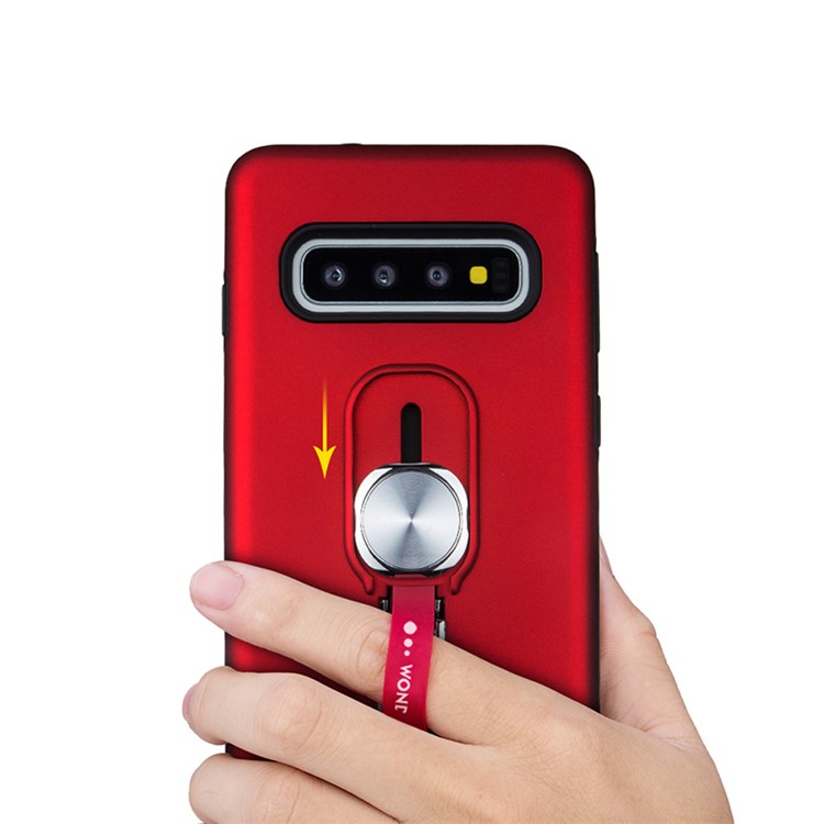 TPU + PC Hybrid Magnetic Metal Sheet Finger Grip Kickstand Phone Cover Case for Samsung Galaxy S10 Plus - Red-4