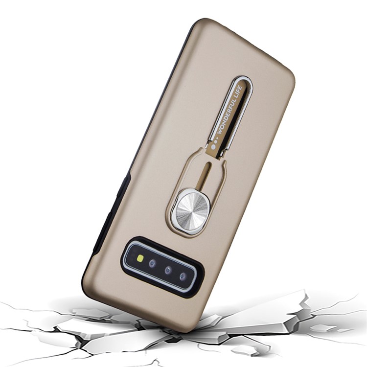 TPU + PC Hybrid Magnetic Metal Sheet Finger Grip Kickstand Phone Cover Case for Samsung Galaxy S10 Plus - Gold-1