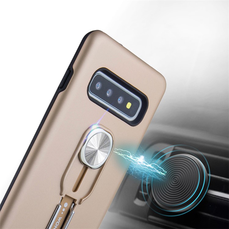 TPU + PC Hybrid Magnetic Metal Sheet Finger Grip Kickstand Phone Cover Case for Samsung Galaxy S10 Plus - Gold-2