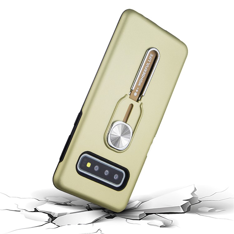TPU + PC Hybrid Magnetic Metal Sheet Finger Grip Kickstand Phone Cover Case for Samsung Galaxy S10 Plus - Army Green-1