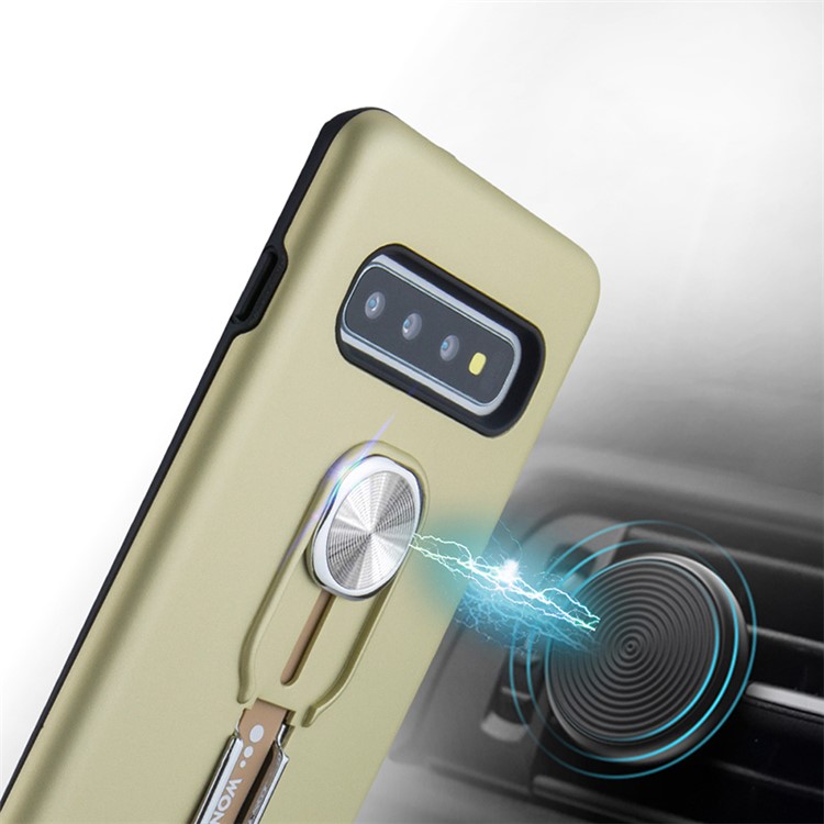 TPU + PC Hybrid Magnetic Metal Sheet Finger Grip Kickstand Phone Cover Case for Samsung Galaxy S10 Plus - Army Green-2