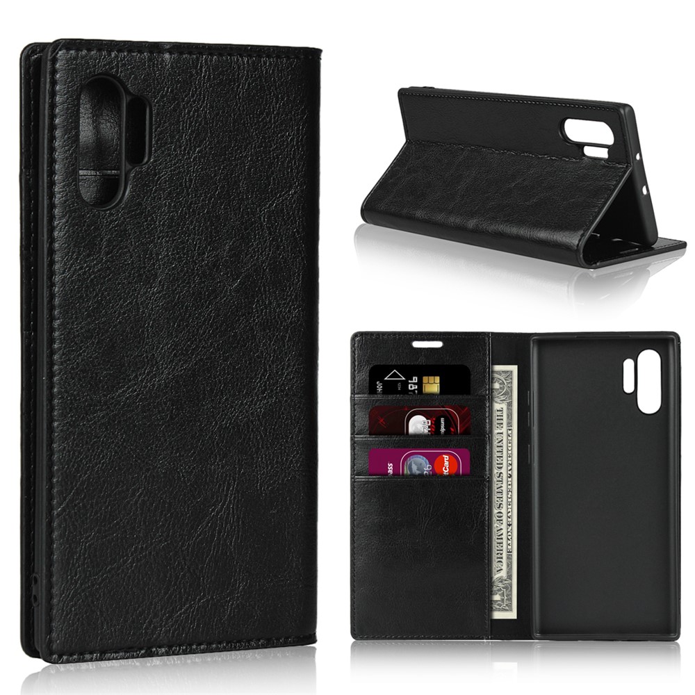 Crazy Horse Skin Genuine Leather Wallet Phone Case for Samsung Galaxy Note 10 Pro - Black-1