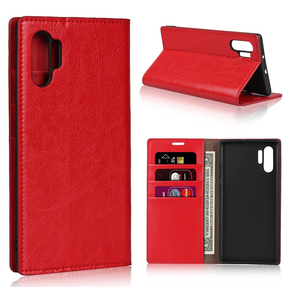Crazy Horse Skin Genuine Leather Wallet Phone Case for Samsung Galaxy Note 10 Plus / 10 Plus 5G - Red-1