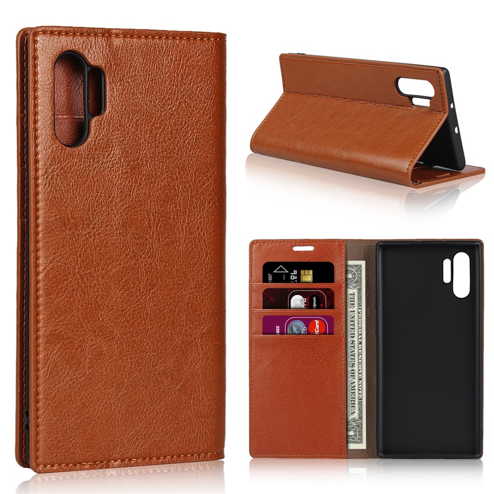 Crazy Horse Skin Genuine Leather Wallet Phone Case for Samsung Galaxy Note 10 Plus / 10 Plus 5G - Bluswn-1