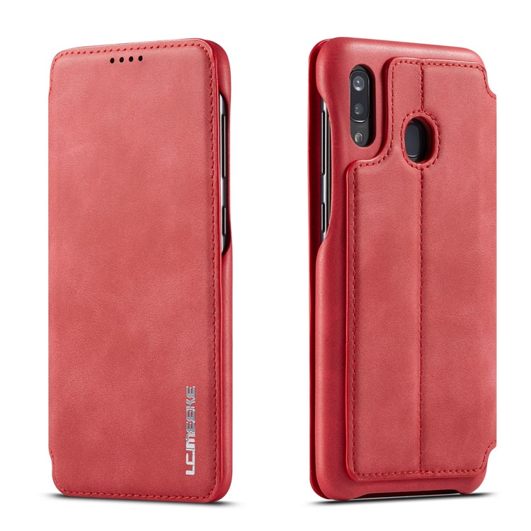 LC.IMEEKE Retro Style Leather Phone Shell with Card Holder for Samsung Galaxy A20e - Red-1