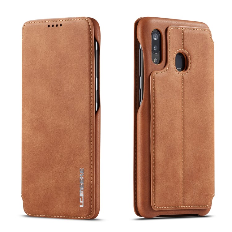 LC.IMEEKE Retro Style Leather Phone Shell with Card Holder for Samsung Galaxy A20e - Brown-1