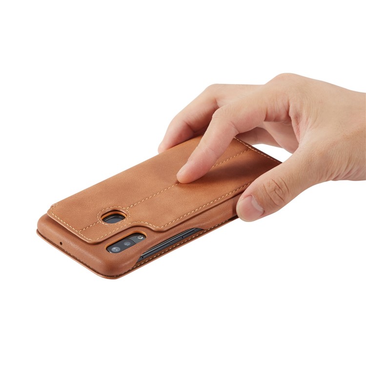 LC.IMEEKE Retro Style Flip Leather Card Holder Phone Shell for Samsung Galaxy A40 - Brown-11