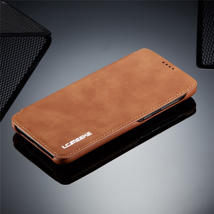 LC.IMEEKE Retro Style Flip Leather Card Holder Phone Shell for Samsung Galaxy A40 - Brown-15