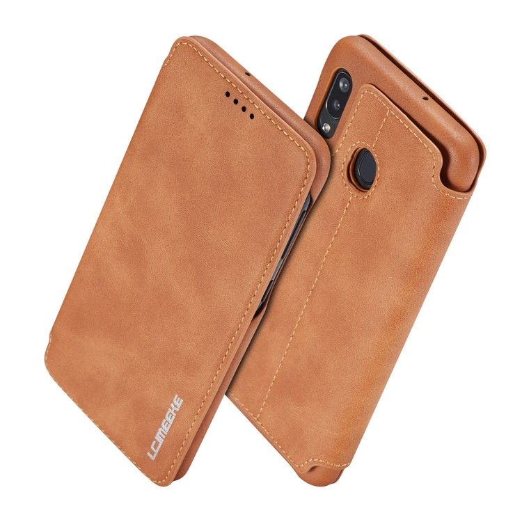 LC.IMEEKE Retro Style Flip Leather Card Holder Phone Shell for Samsung Galaxy A40 - Brown-2