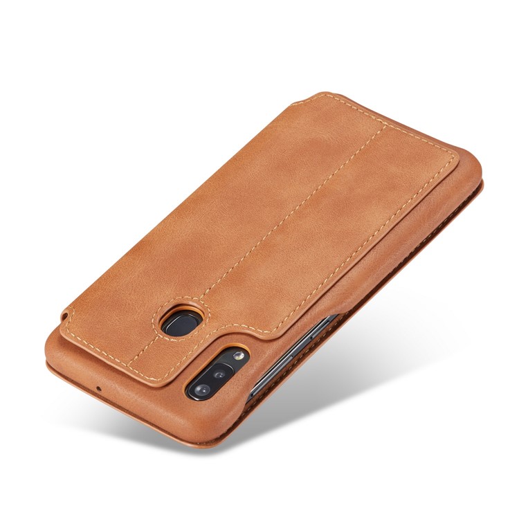 LC.IMEEKE Retro Style Flip Leather Card Holder Phone Shell for Samsung Galaxy A40 - Brown-7