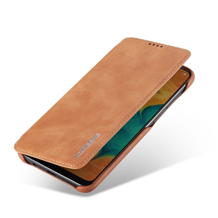 LC.IMEEKE Retro Style Flip Leather Card Holder Phone Shell for Samsung Galaxy A40 - Brown-8