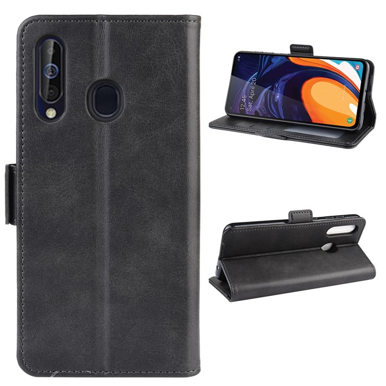 Leather Wallet Stand Cell Phone Protective Case Shell for Samsung Galaxy A60 - Black-1