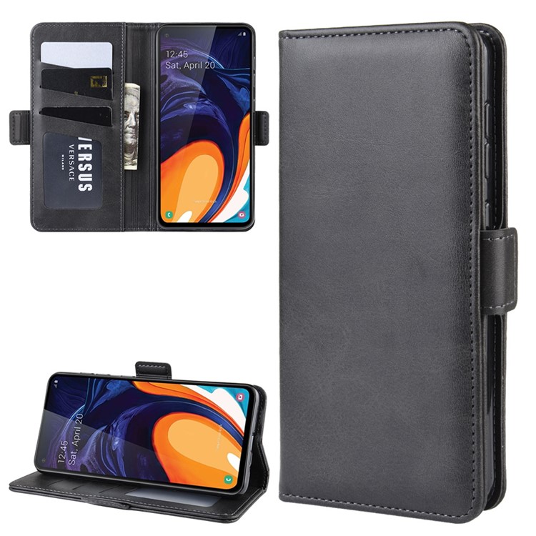 Leather Wallet Stand Cell Phone Protective Case Shell for Samsung Galaxy A60 - Black-2