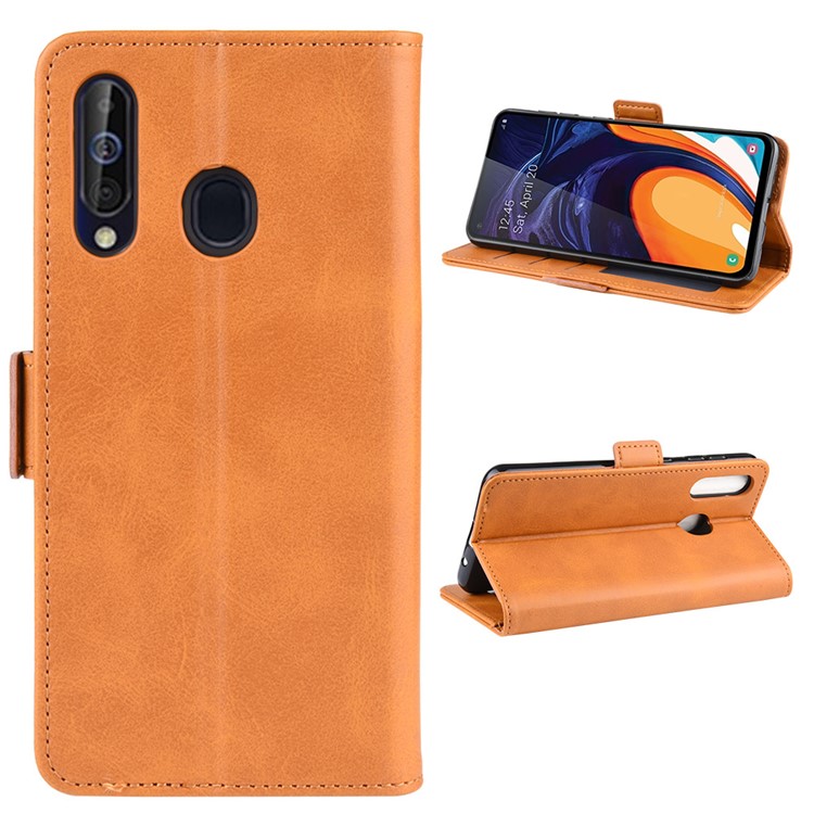 Leather Wallet Stand Cell Phone Protective Case Shell for Samsung Galaxy A60 - Light Brown-1