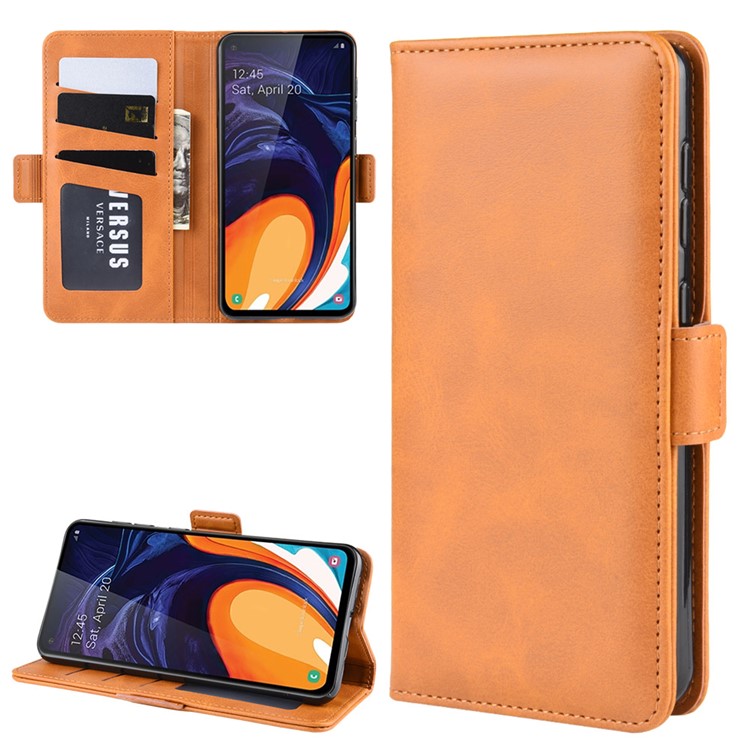 Leather Wallet Stand Cell Phone Protective Case Shell for Samsung Galaxy A60 - Light Brown-2