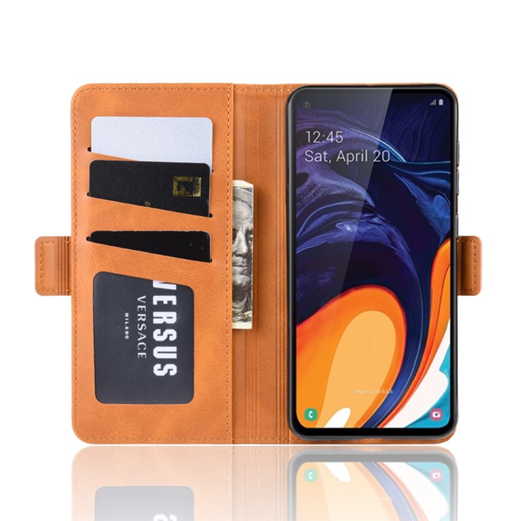 Leather Wallet Stand Cell Phone Protective Case Shell for Samsung Galaxy A60 - Light Brown-5