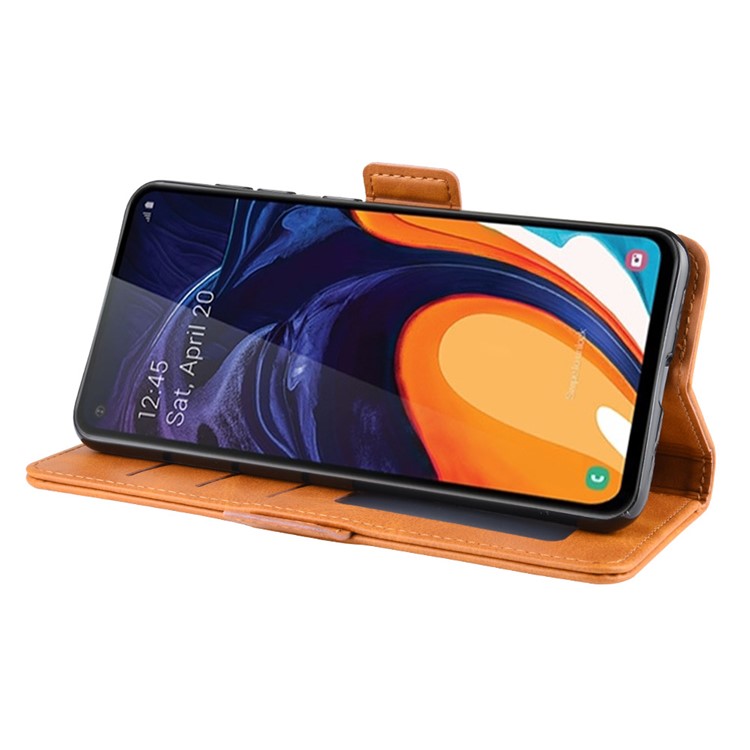 Leather Wallet Stand Cell Phone Protective Case Shell for Samsung Galaxy A60 - Light Brown-6
