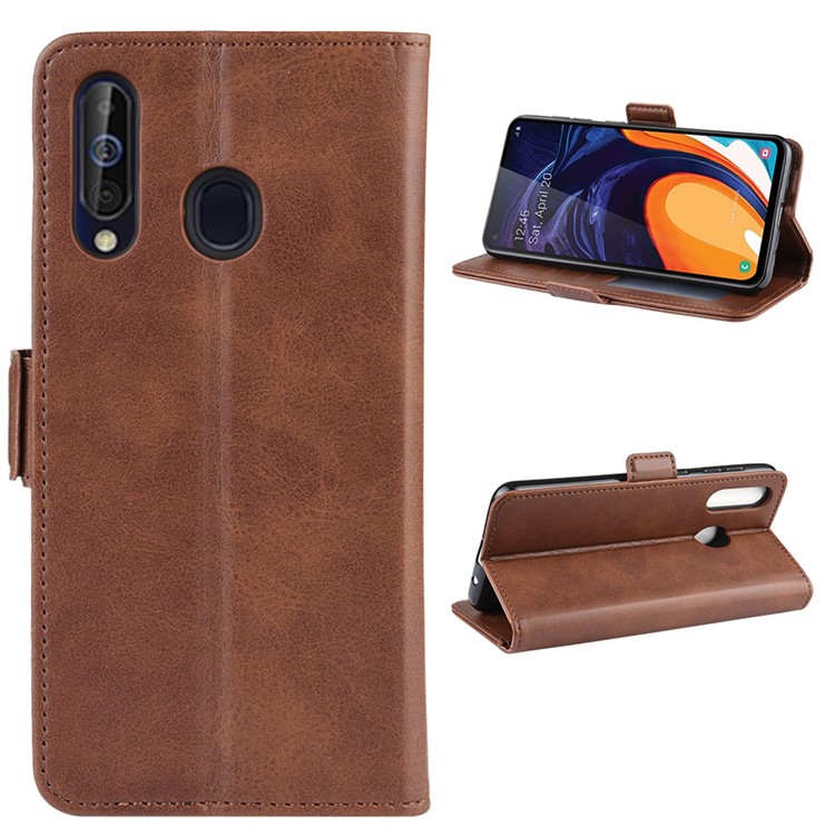 Leather Wallet Stand Cell Phone Protective Case Shell for Samsung Galaxy A60 - Dark Brown-1