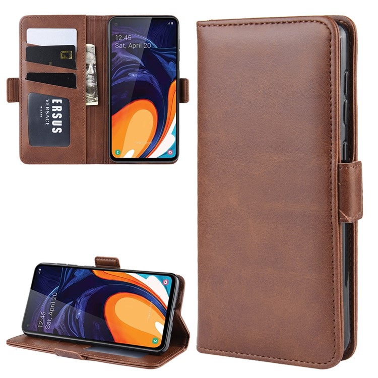 Leather Wallet Stand Cell Phone Protective Case Shell for Samsung Galaxy A60 - Dark Brown-2