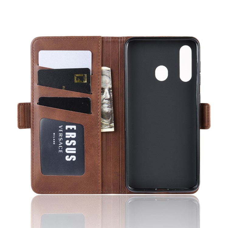 Leather Wallet Stand Cell Phone Protective Case Shell for Samsung Galaxy A60 - Dark Brown-4