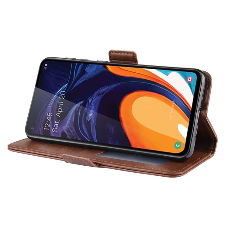 Leather Wallet Stand Cell Phone Protective Case Shell for Samsung Galaxy A60 - Dark Brown-6